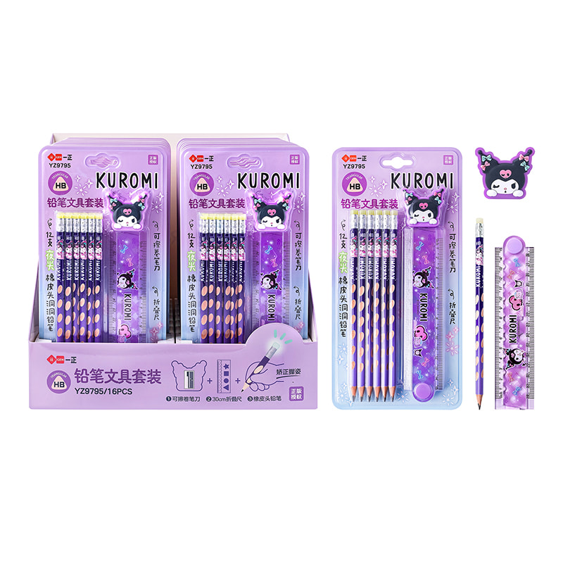 YZ9795 Kuromi HB Glow-In-The-Dark Eraser Hole Bleistift-Schreibwaren-Set (Blisterpackung)